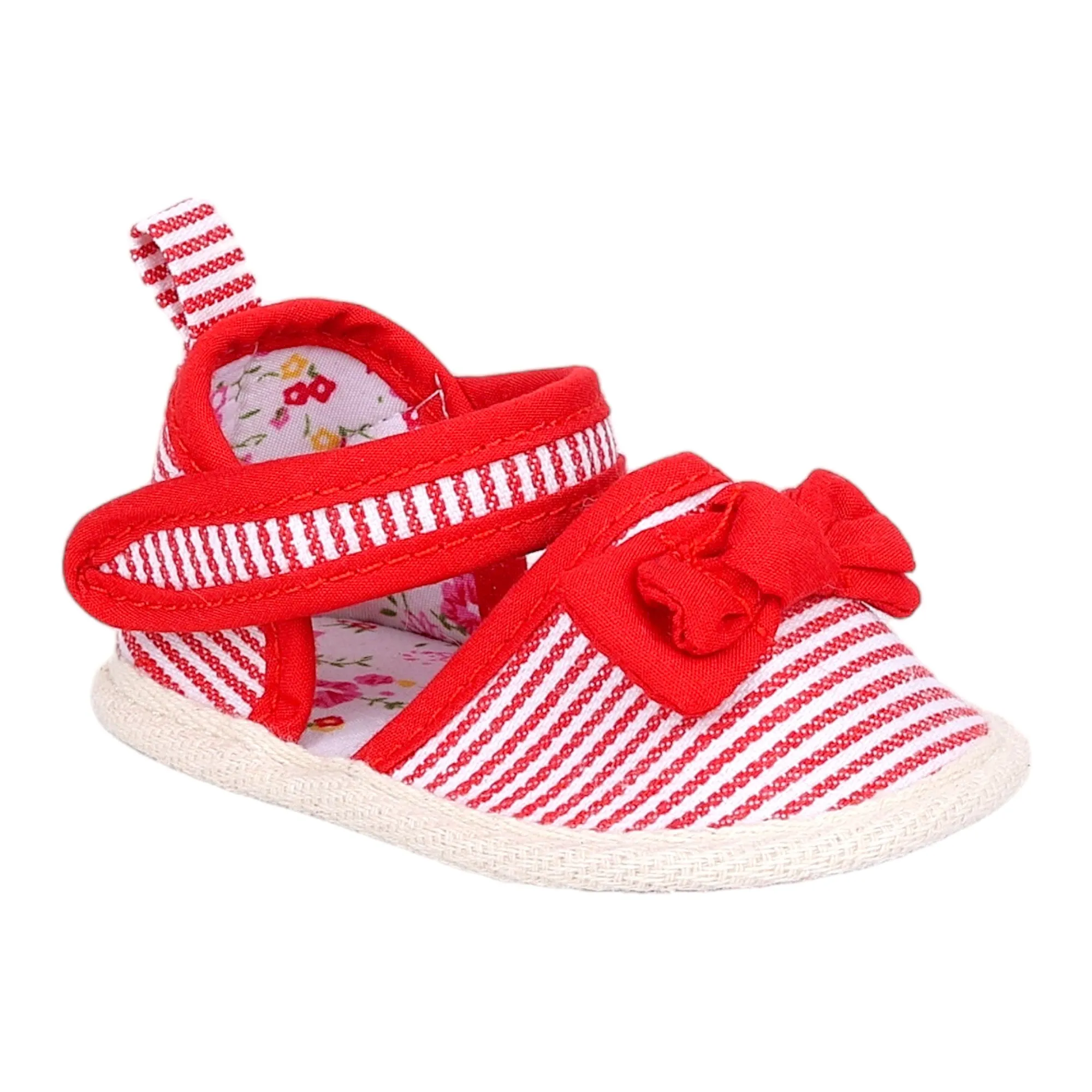 Baby Moo Bow Knot Striped Velcro Straps Anti-Skid Sandals - Red