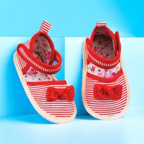 Baby Moo Bow Knot Striped Velcro Straps Anti-Skid Sandals - Red