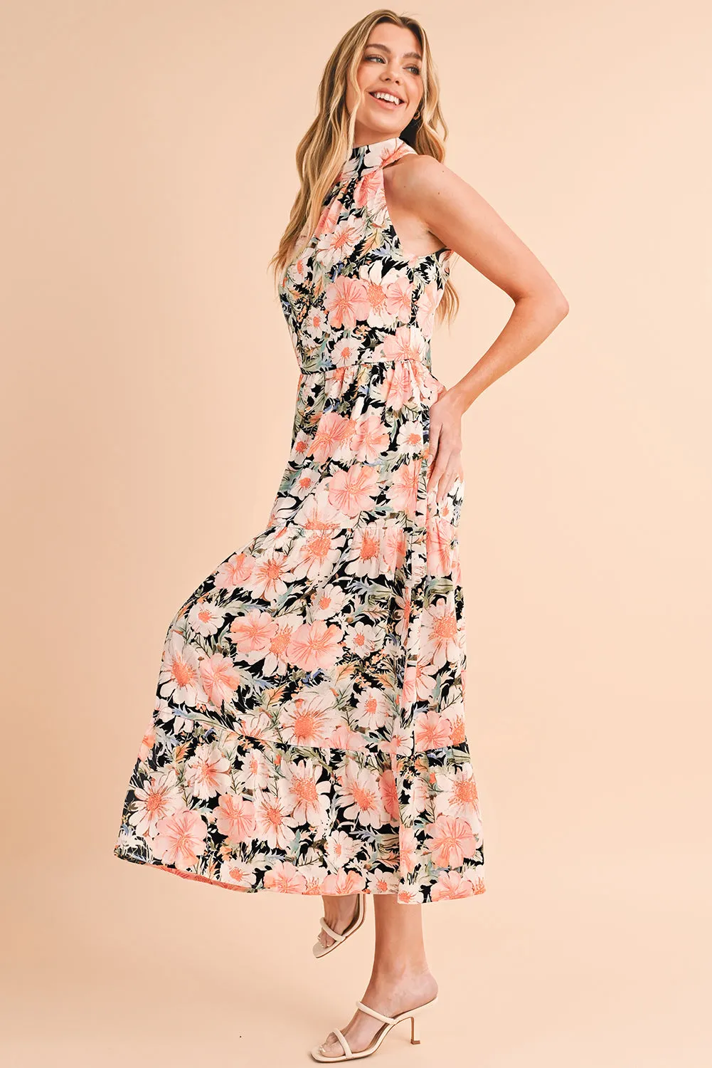 Black Knotted Halter Floral Print Ruffle Tiered Maxi Dress