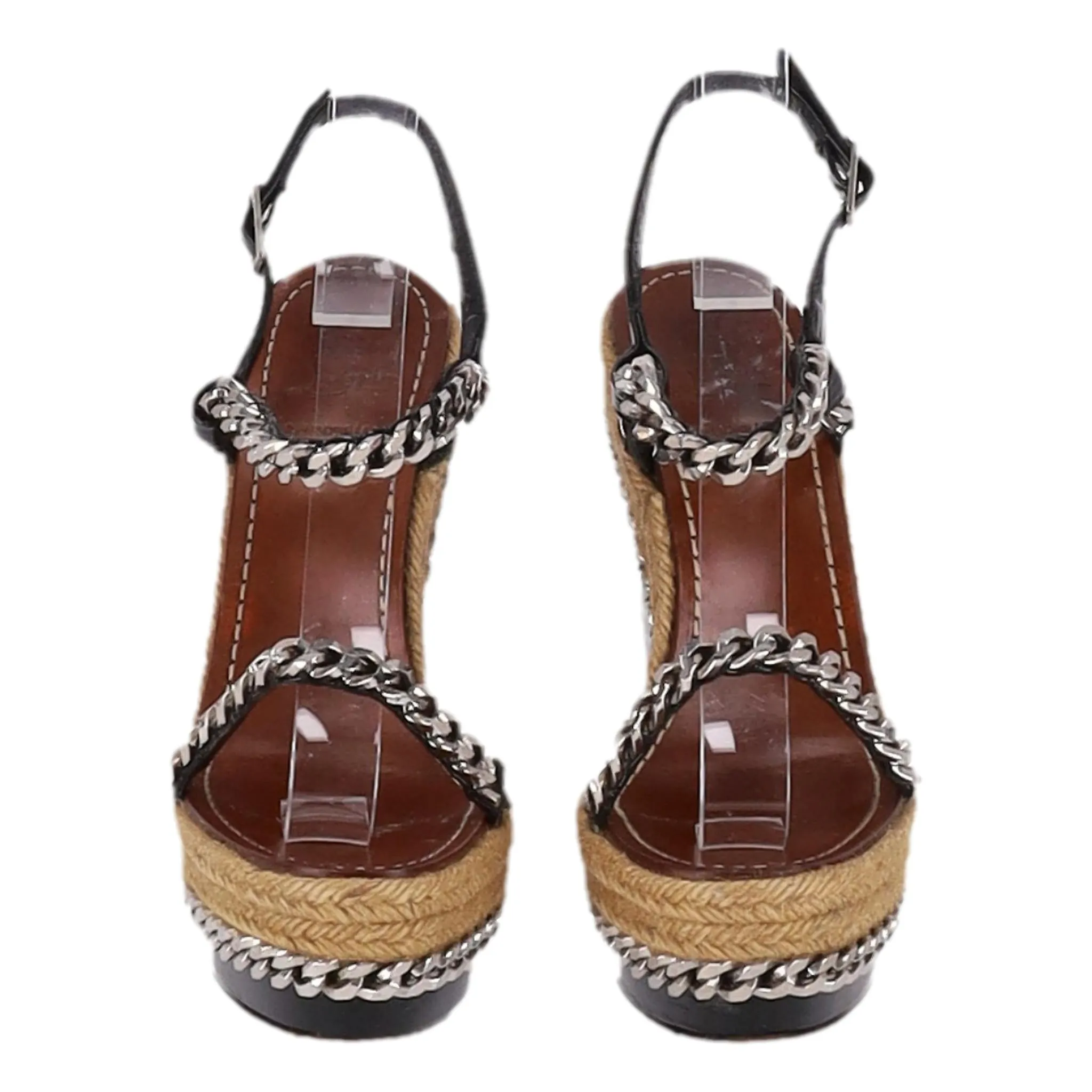 Christian Louboutin Chain Detail Raffia Trim Wedge Sandals. Size 37