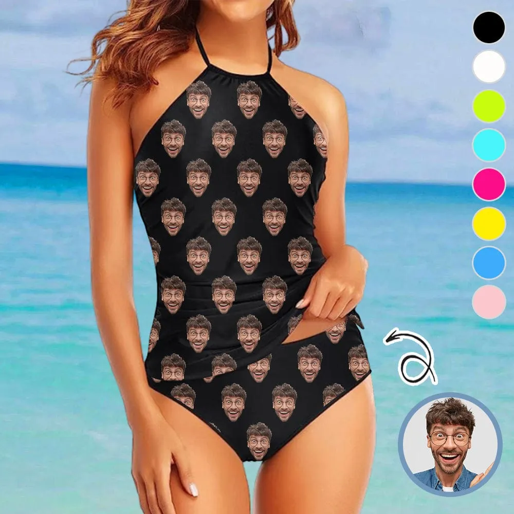 Custom Boyfriend Face All Womens Sexy Halter Tummy Control Swimsuit Tankini Top Sets Fashion Two Piece Bathing Suit with Tie Side