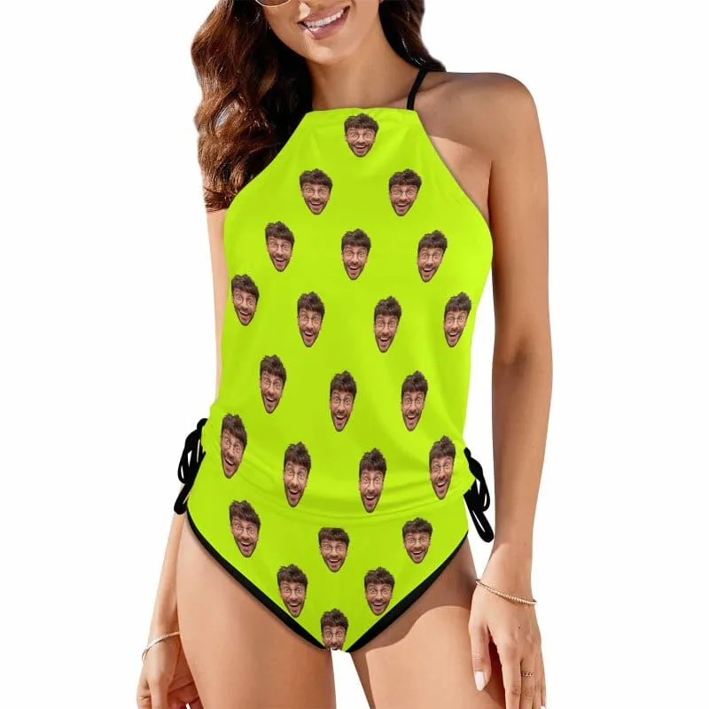 Custom Boyfriend Face All Womens Sexy Halter Tummy Control Swimsuit Tankini Top Sets Fashion Two Piece Bathing Suit with Tie Side