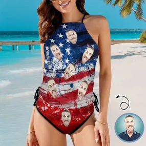 Custom Face American Flag Splash Ink Womens Sexy Halter Tummy Control Swimsuit Tankini Top Sets Fashion Two Piece Bathing Suit with Tie Side