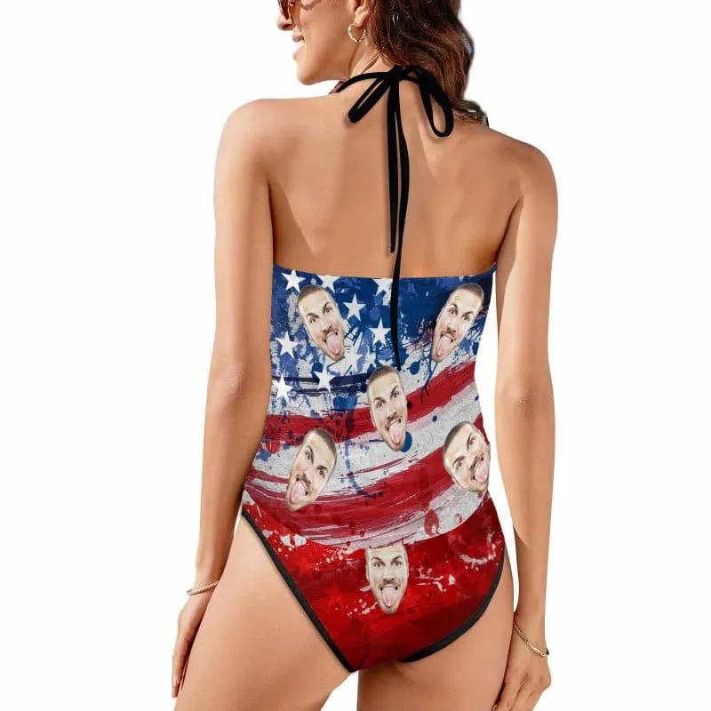 Custom Face American Flag Splash Ink Womens Sexy Halter Tummy Control Swimsuit Tankini Top Sets Fashion Two Piece Bathing Suit with Tie Side