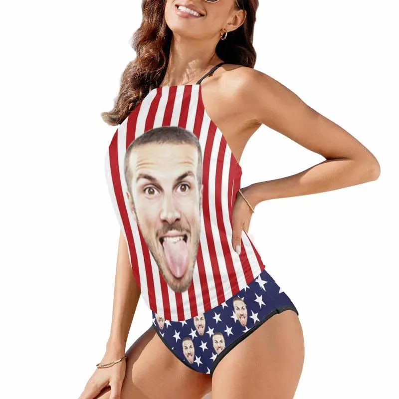 Custom Face American Flag Womens Sexy Halter Tummy Control Swimsuit Tankini Top Sets Fashion Two Piece Bathing Suit with Tie Side