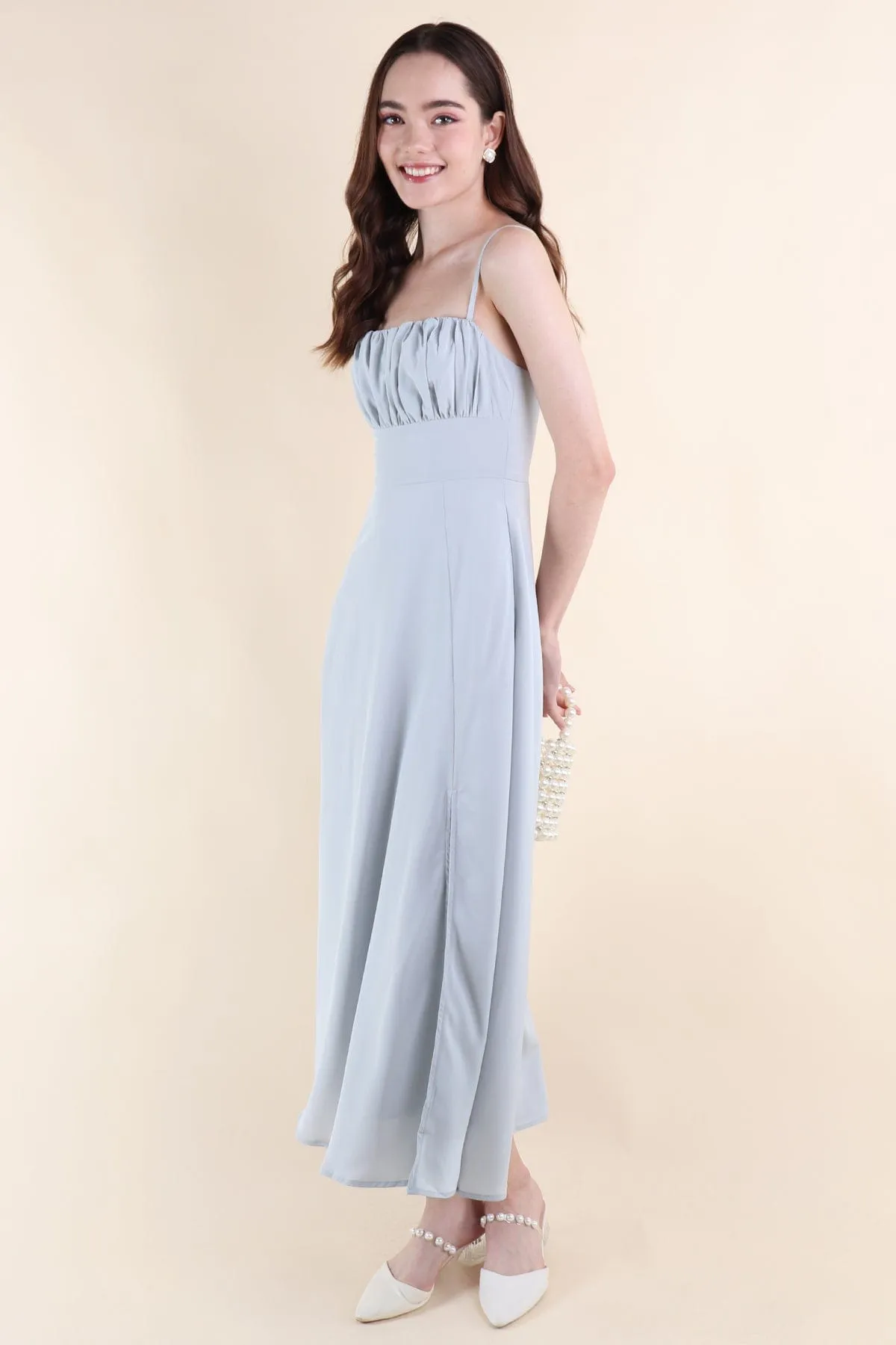 EVELIA RUCHED MAXI DRESS IN BLUE