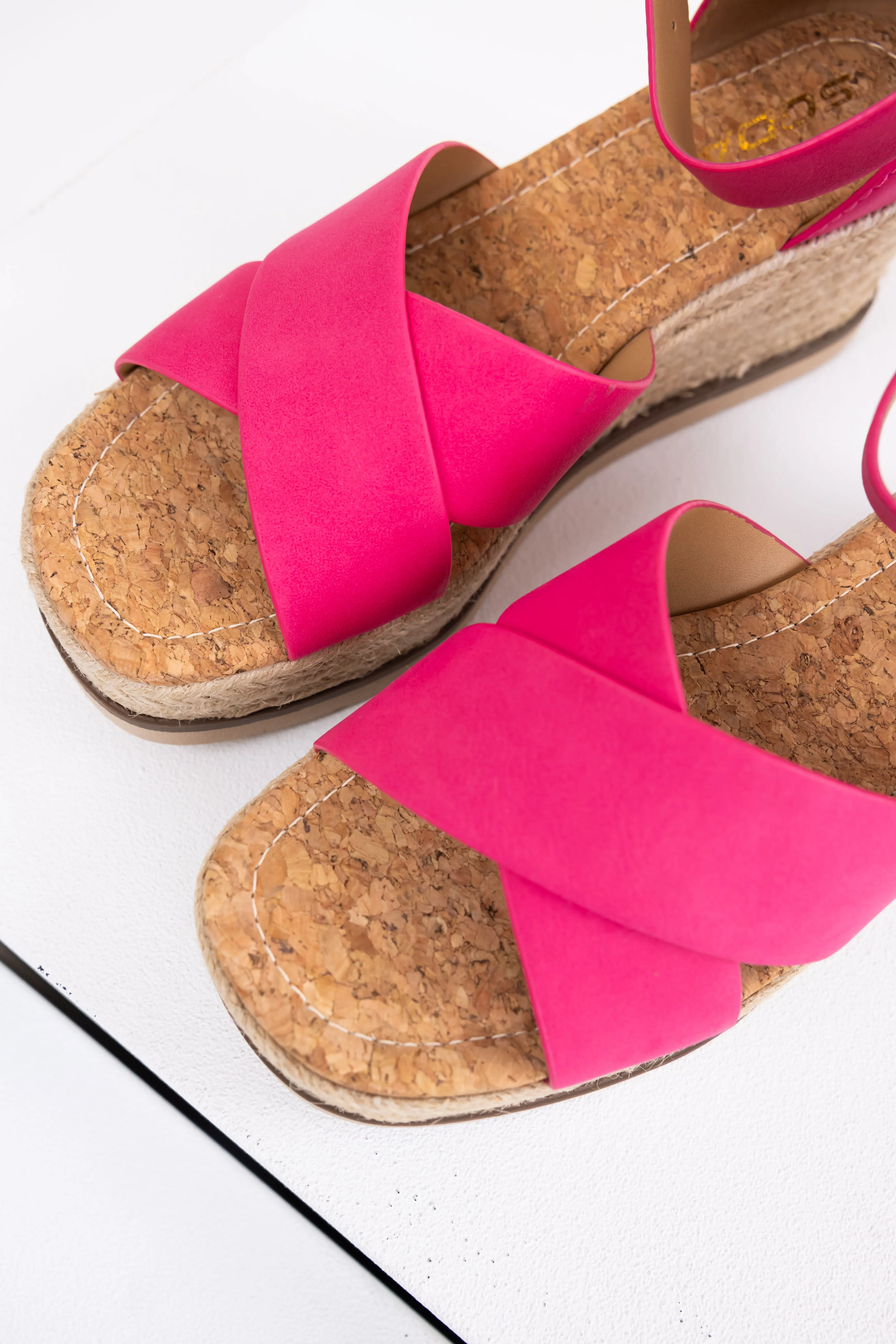 Hot Pink Cross Strap Espadrille Platform Sandals