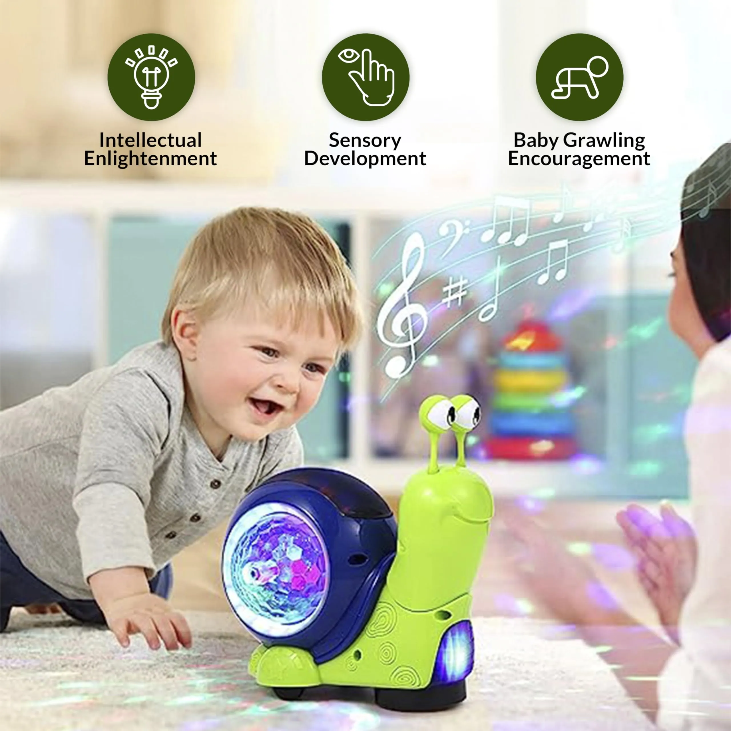 KIDOLOGY Electric Multifunctional Musical Snail Baby Toy - Interactive Educational Toy for Babies, Encouraging Early Learning, Dancing, Crawling, and Toddler Playtime - Green