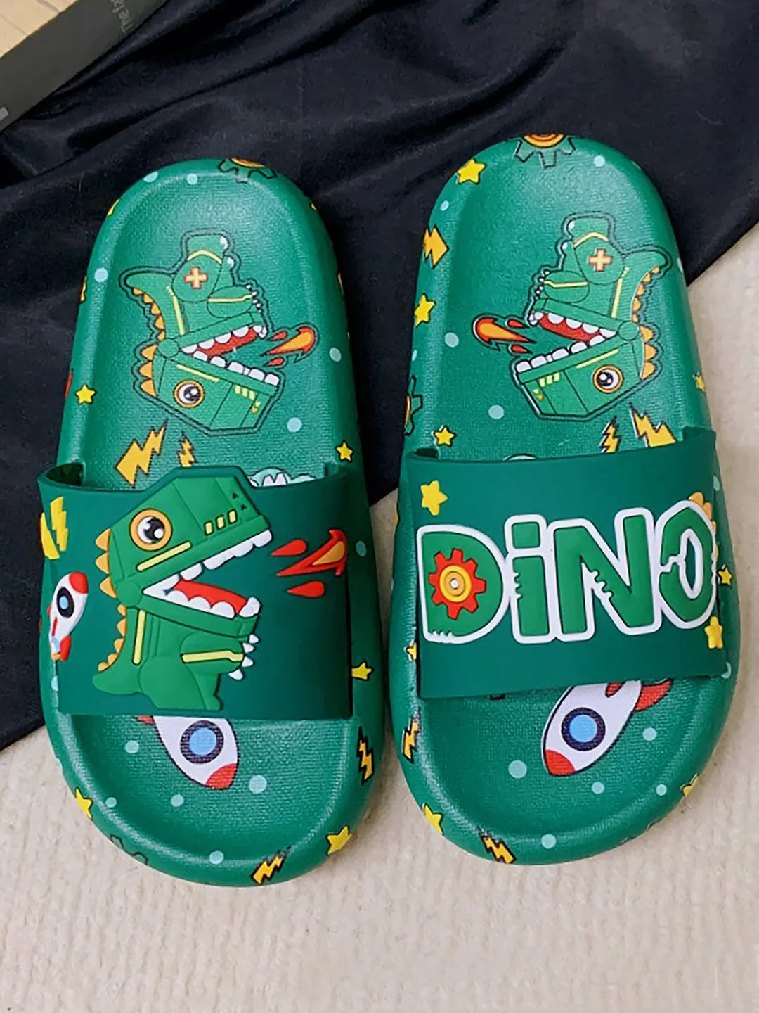 Little Surprise Box Dark Green all over Dino theme Slip on Clogs/Footwear for Toddlers & Kids