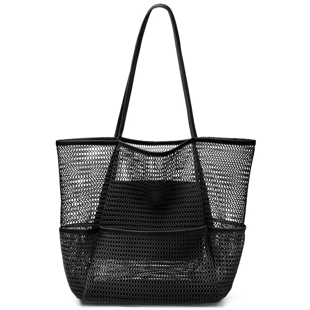 Mesh Beach Bag, Tote Bag for Women Large Foldable Mesh Swimming Bag with Pockets - Sandproof, Waterproof