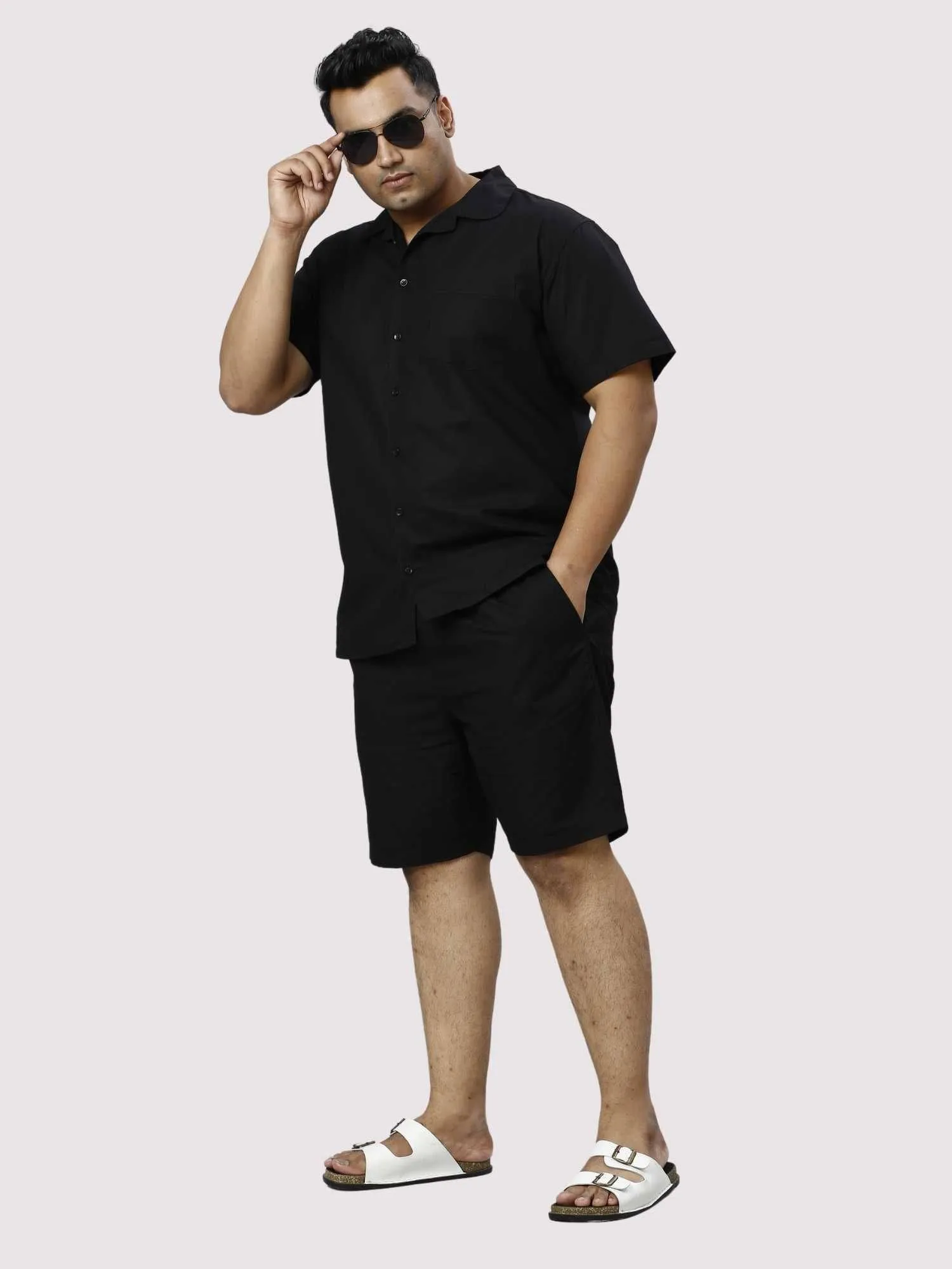 Nero Solid Black Half Co-ords Set Men's Plus Size