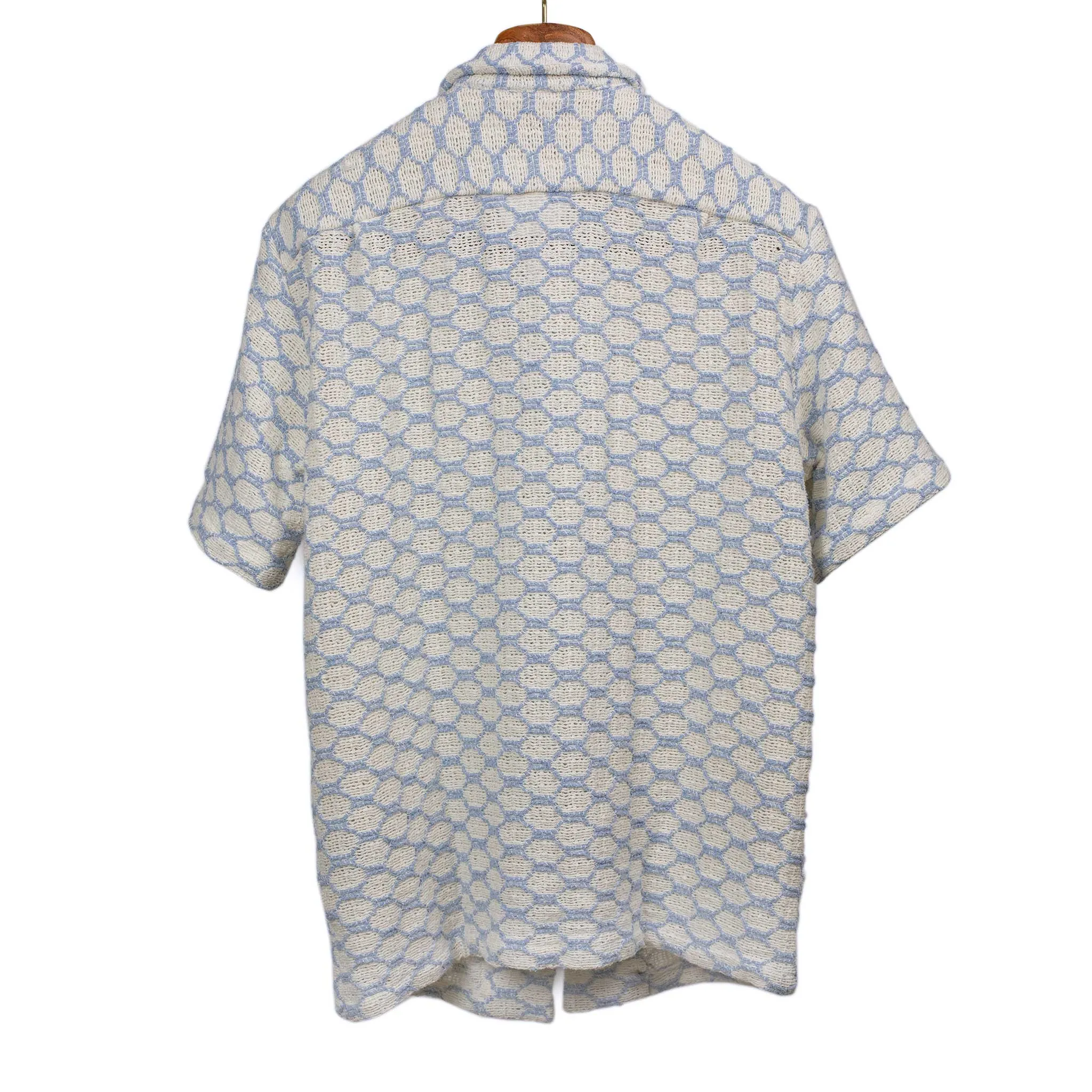 Net camp collar shirt in white and powder blue openweave cotton mix