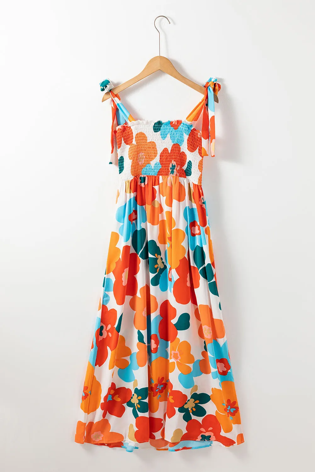 Orange 60s Floral Printed Shoulder Tie Smocked Maxi Dress