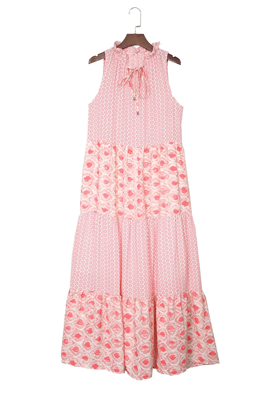 Pink Abstract Print Patchwork Sleeveless V Neck Tiered Dress