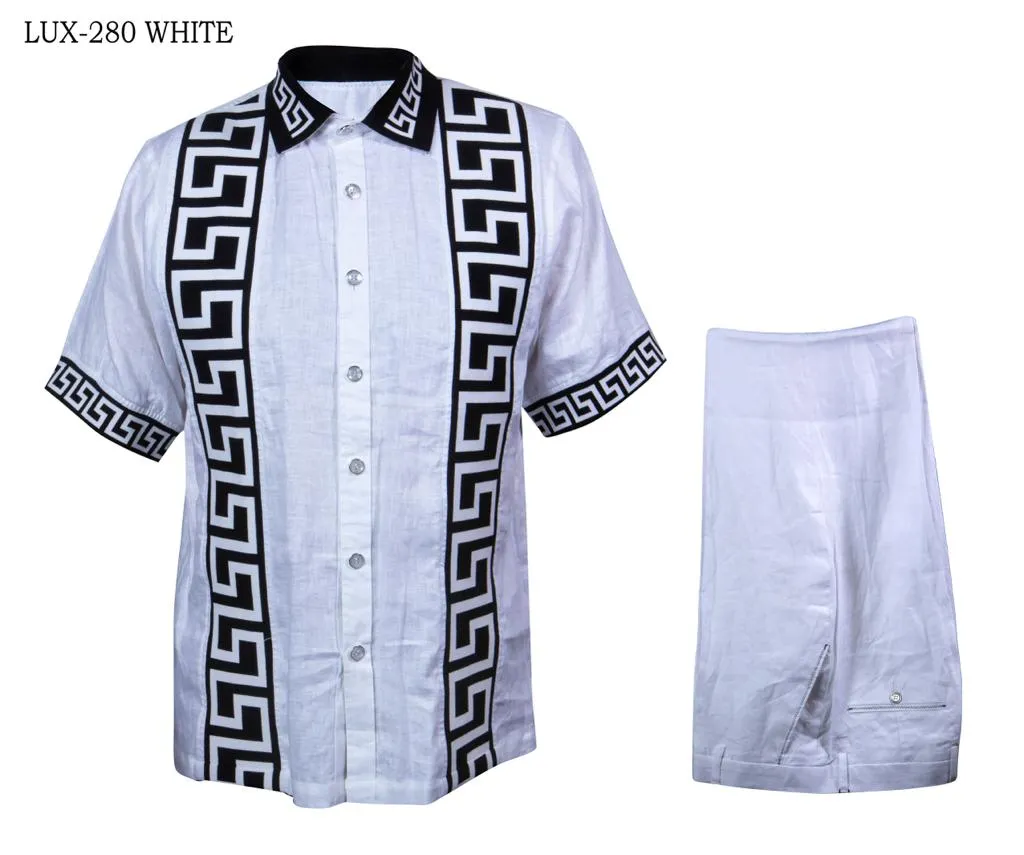 Prestige Men's Short sleeve white and black greek key linen outfit men's casual walking suit