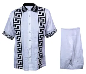 Prestige Men's Short sleeve white and black greek key linen outfit men's casual walking suit