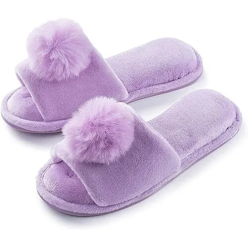 Pupeez Girl's Slipper Lovely Velvet Pom-pom Open Toe Kids House Slides