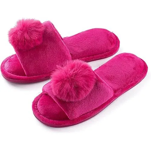 Pupeez Girl's Slipper Lovely Velvet Pom-pom Open Toe Kids House Slides