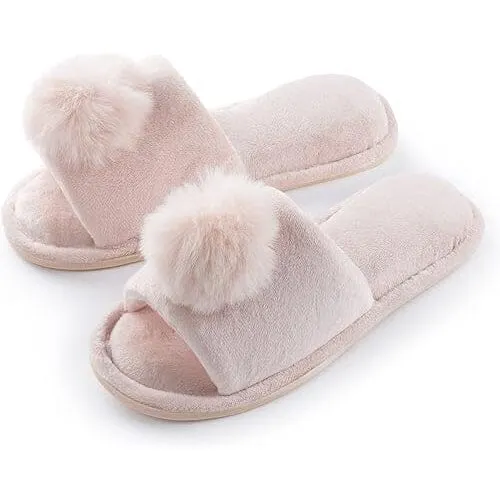 Pupeez Girl's Slipper Lovely Velvet Pom-pom Open Toe Kids House Slides