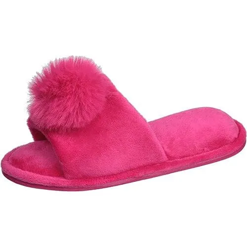 Pupeez Girl's Slipper Lovely Velvet Pom-pom Open Toe Kids House Slides