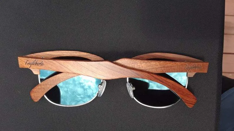 Real Sandalwood Sunglasses, Ice Blue Polarized Lenses, Club Style