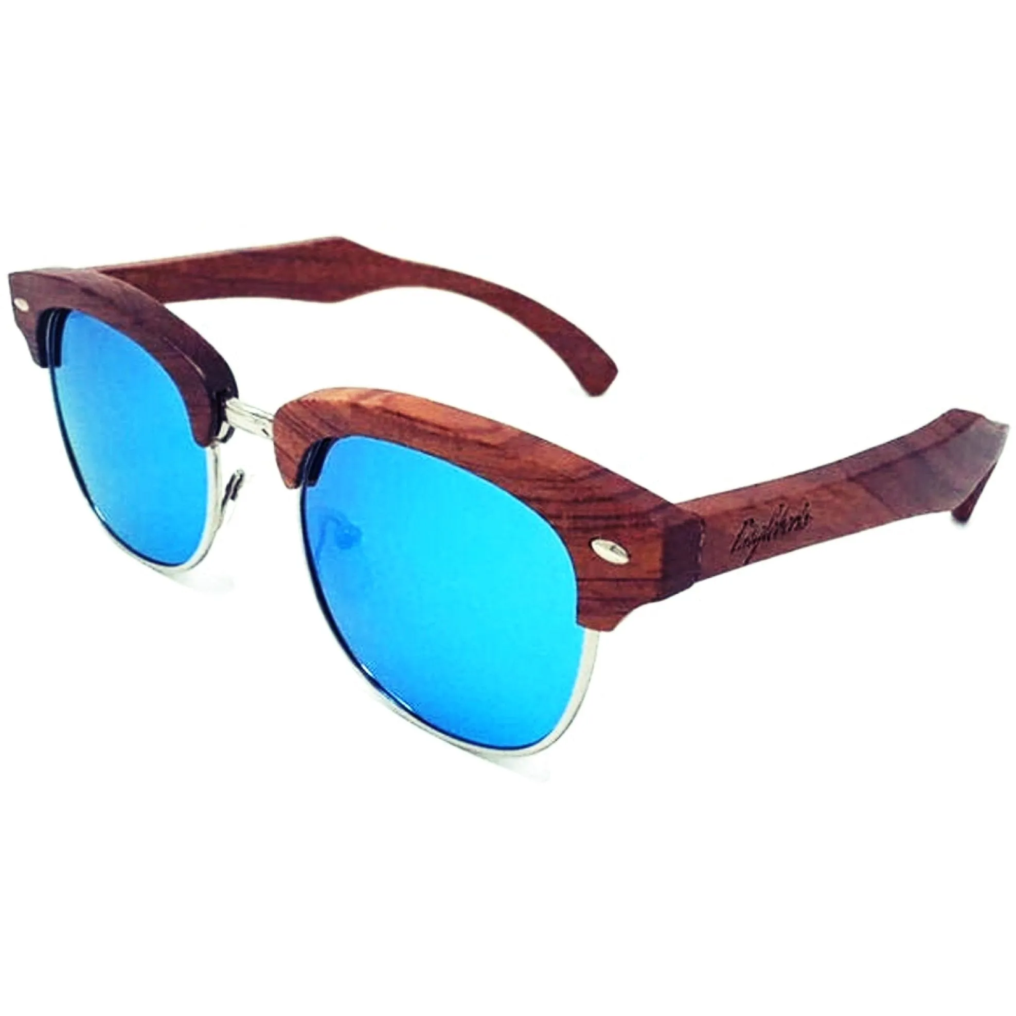 Real Sandalwood Sunglasses, Ice Blue Polarized Lenses, Club Style