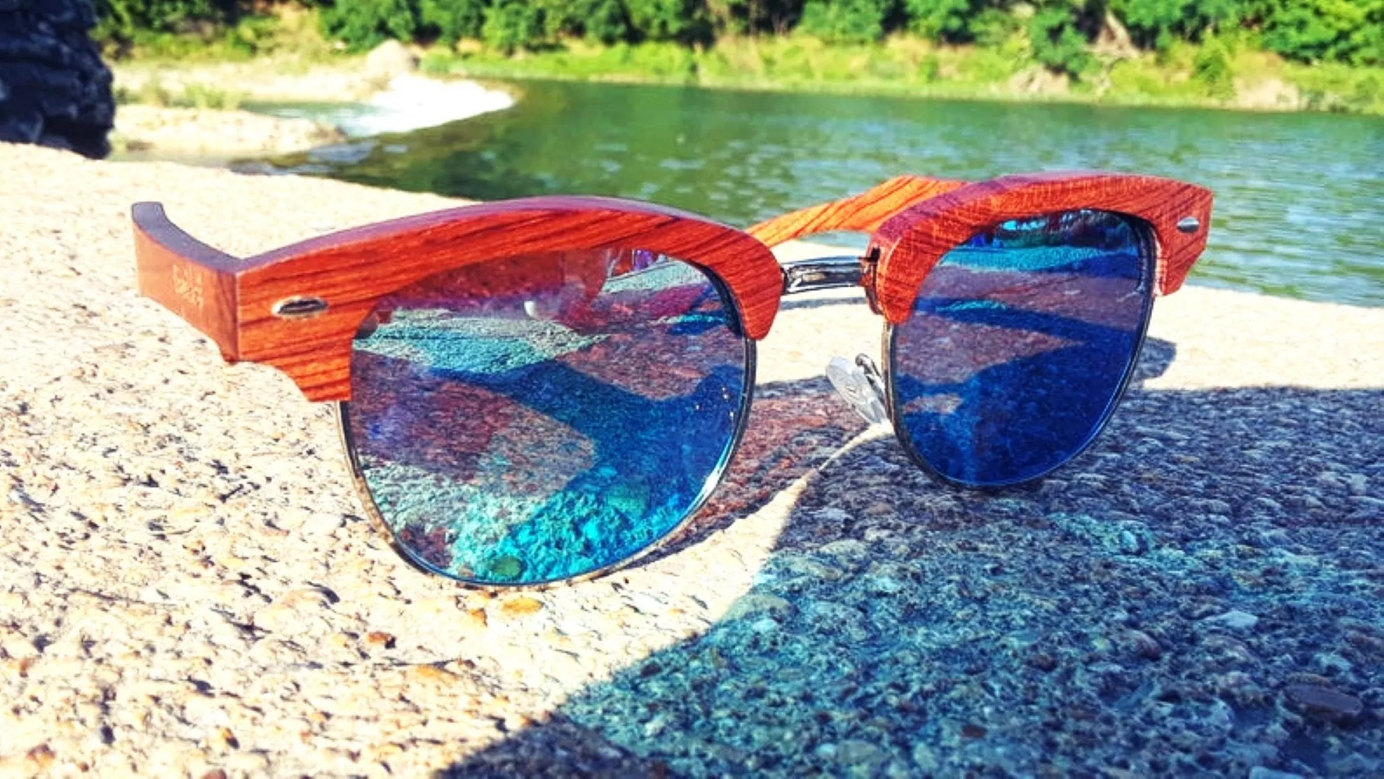 Real Sandalwood Sunglasses, Ice Blue Polarized Lenses, Club Style