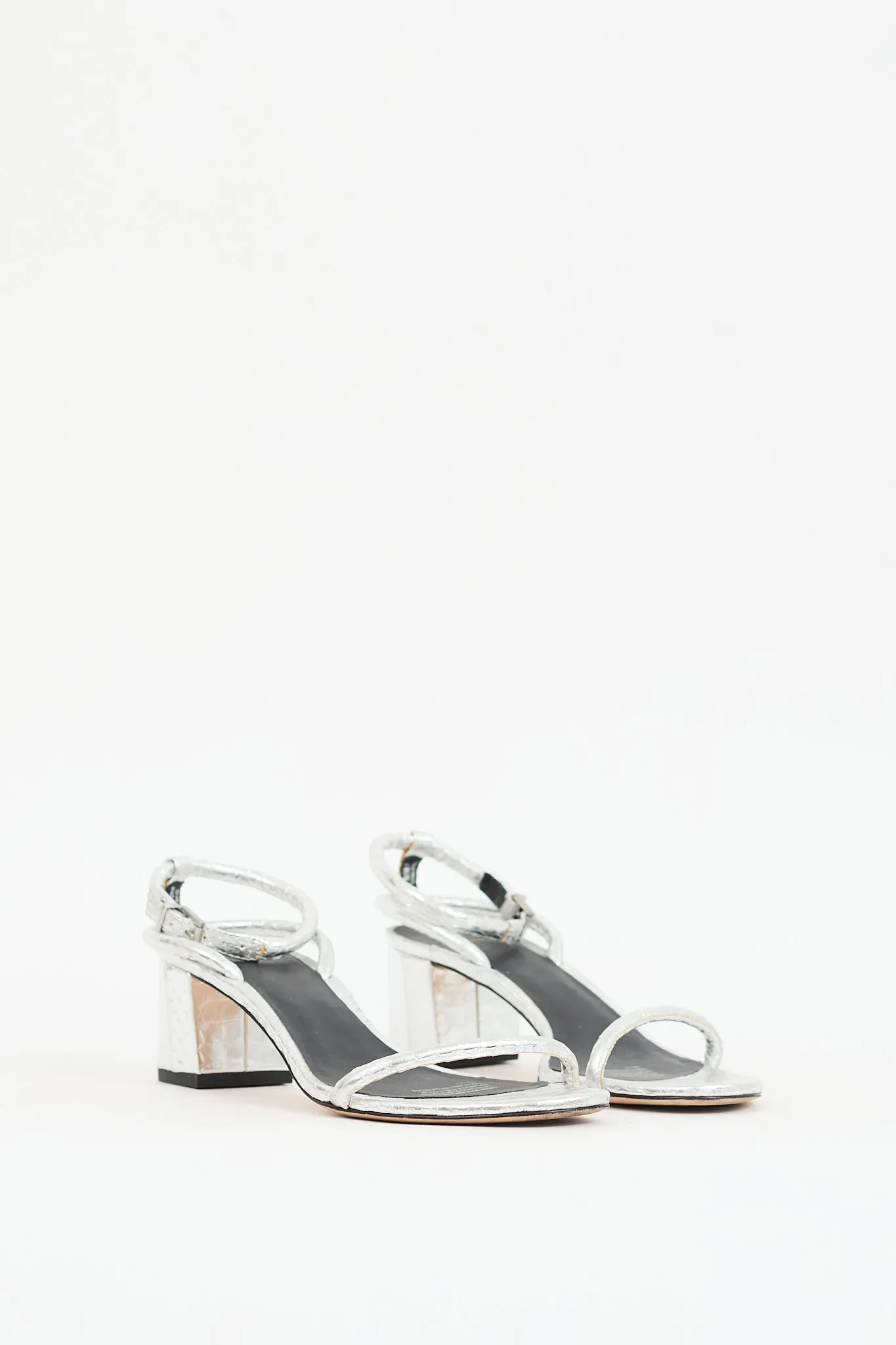 Silver Textured Leather Ankle Strap Sandal