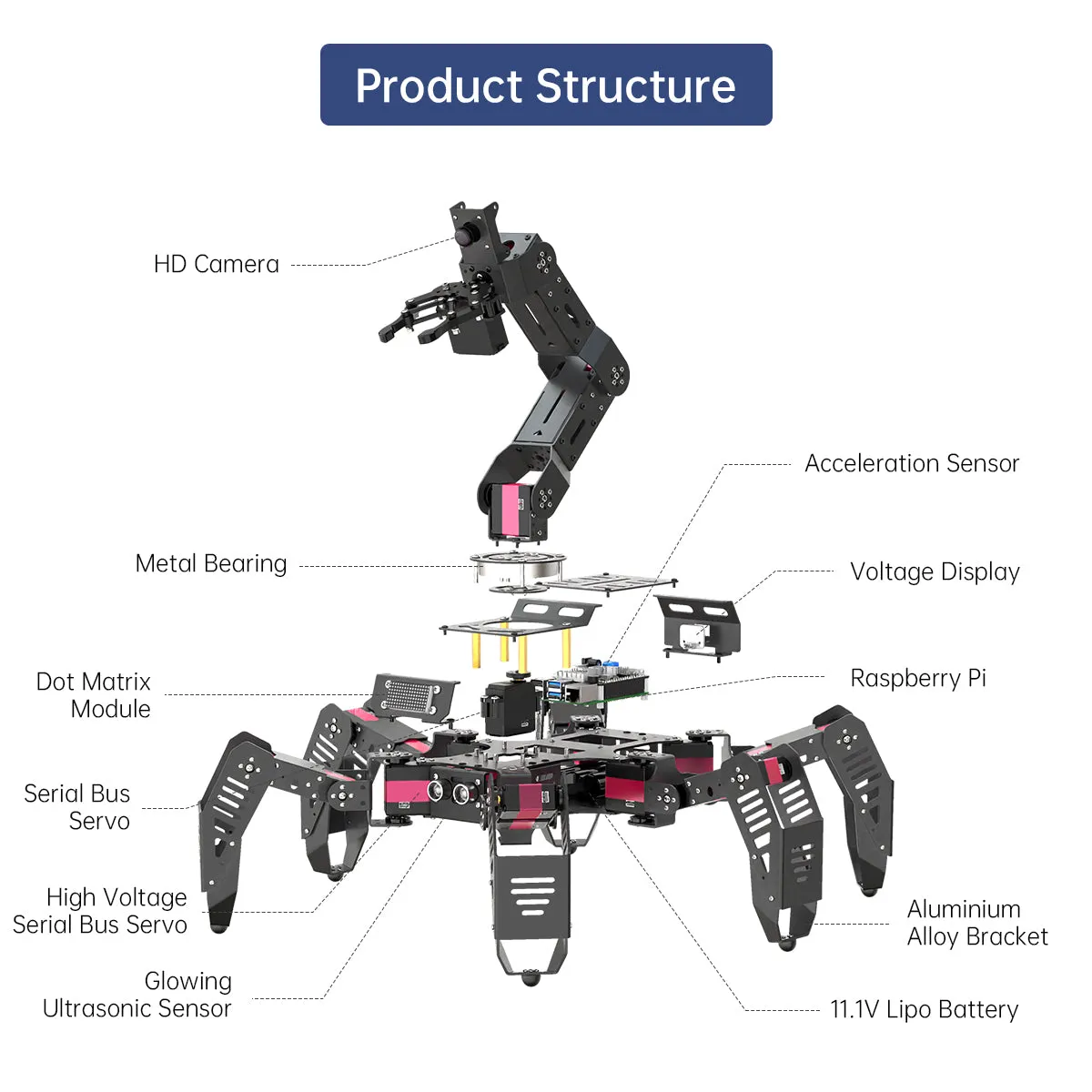 SpiderPi Pro: Hiwonder Hexapod Robot with AI Vision Robotic Arm Powered by Raspberry Pi 5