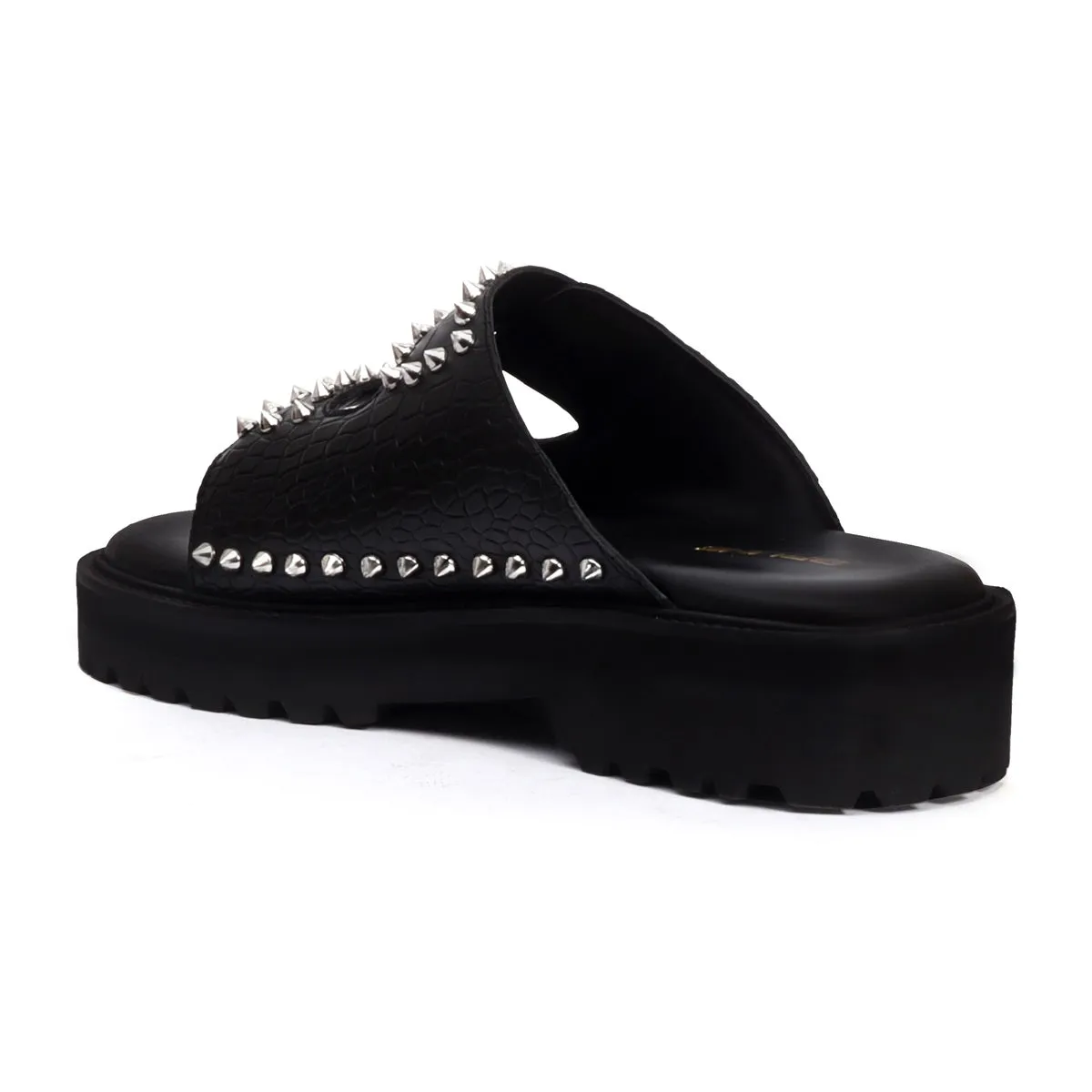 Studded Slide-in Slippers with Chunky Sole in Black Cut Croco Leather Detailing