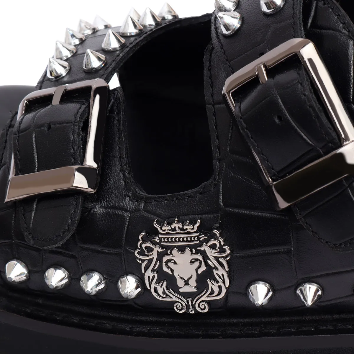 Studded Slide-in Slippers with Chunky Sole in Black Cut Croco Leather Detailing