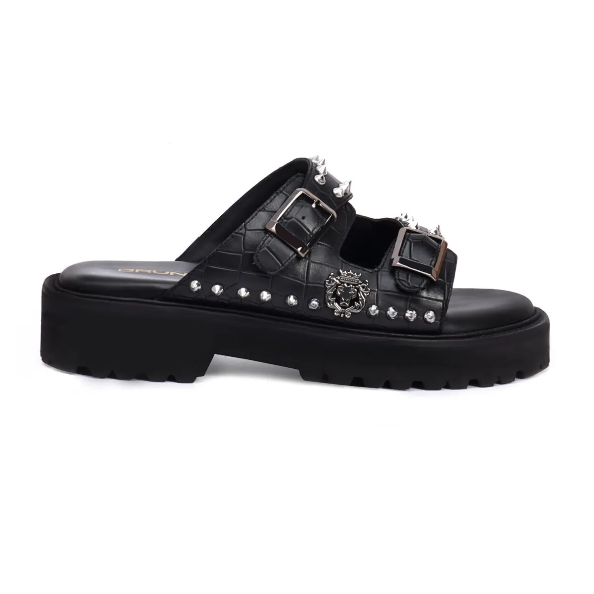 Studded Slide-in Slippers with Chunky Sole in Black Cut Croco Leather Detailing