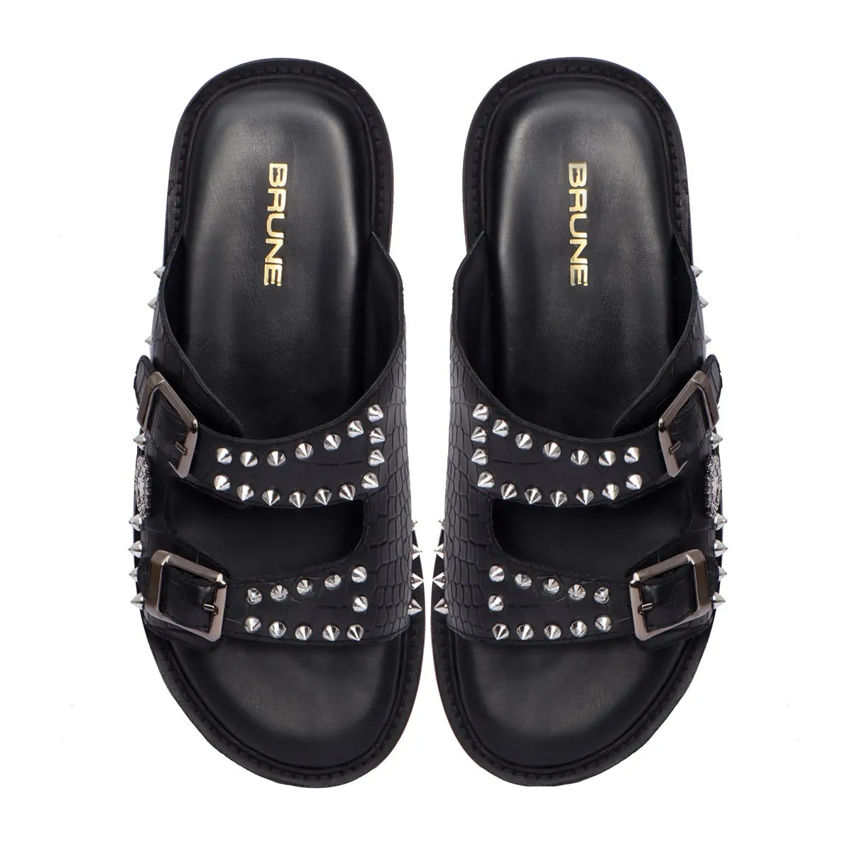 Studded Slide-in Slippers with Chunky Sole in Black Cut Croco Leather Detailing