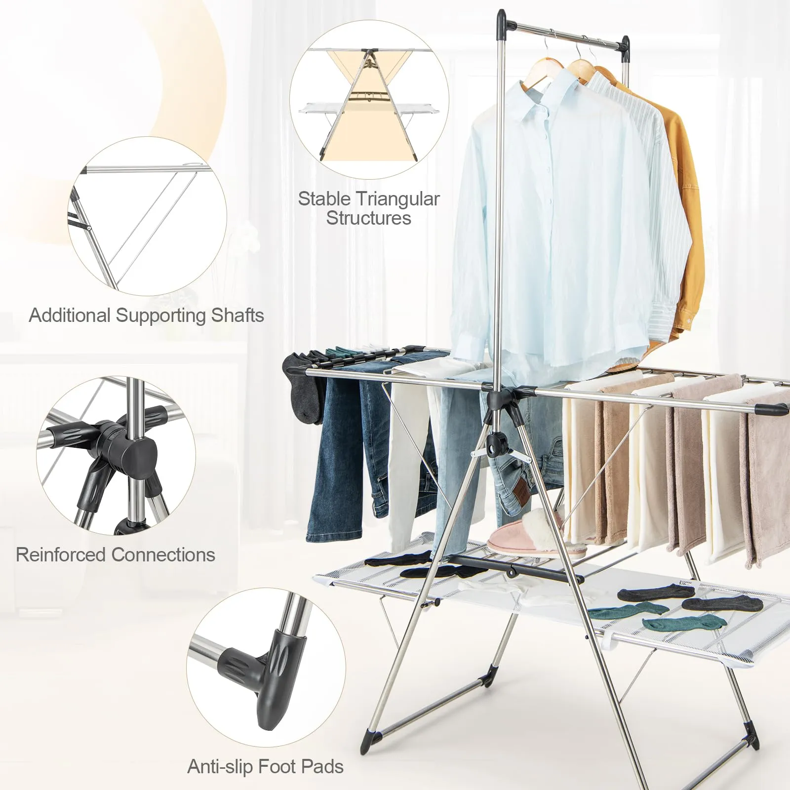 Tangkula Foldable Clothes Drying Rack, 2-Tier Laundry Drying Rack w/Tall Hanging Bar