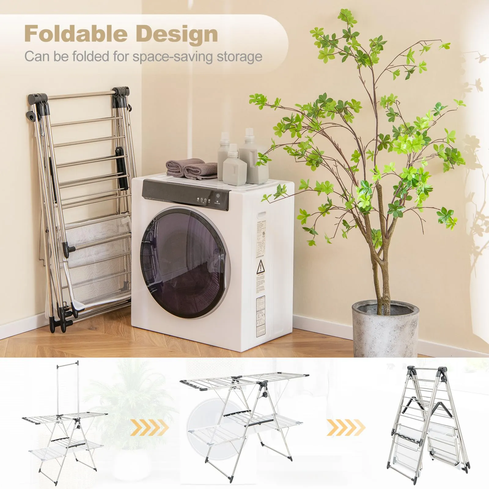 Tangkula Foldable Clothes Drying Rack, 2-Tier Laundry Drying Rack w/Tall Hanging Bar