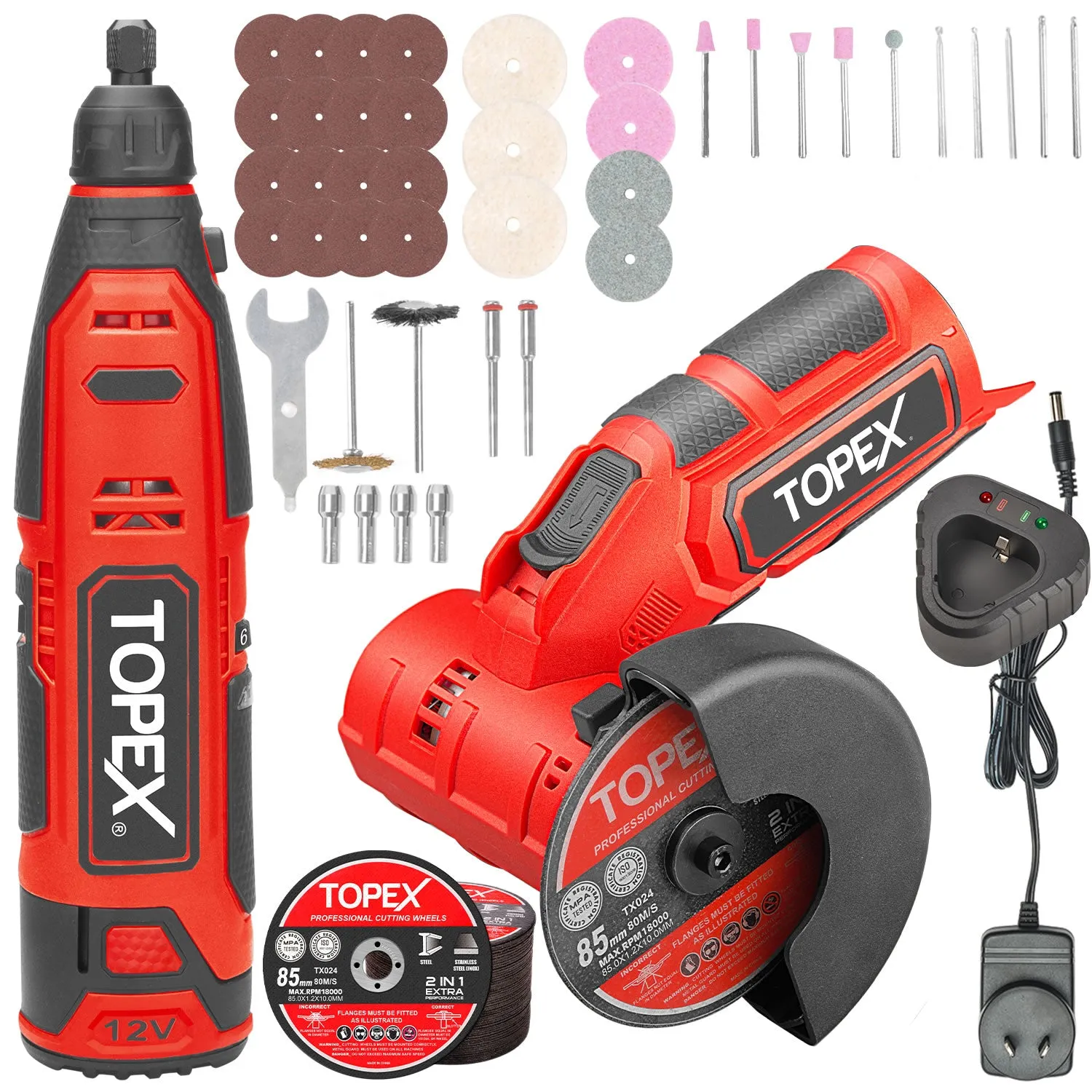 TOPEX 12V Cordless Rotary Tool Speed 5000-25000rpm With 12V Cordless Angle Grinder,12V 2.0Ah Lithium-Ion Battery&14.4V /0.4A charger