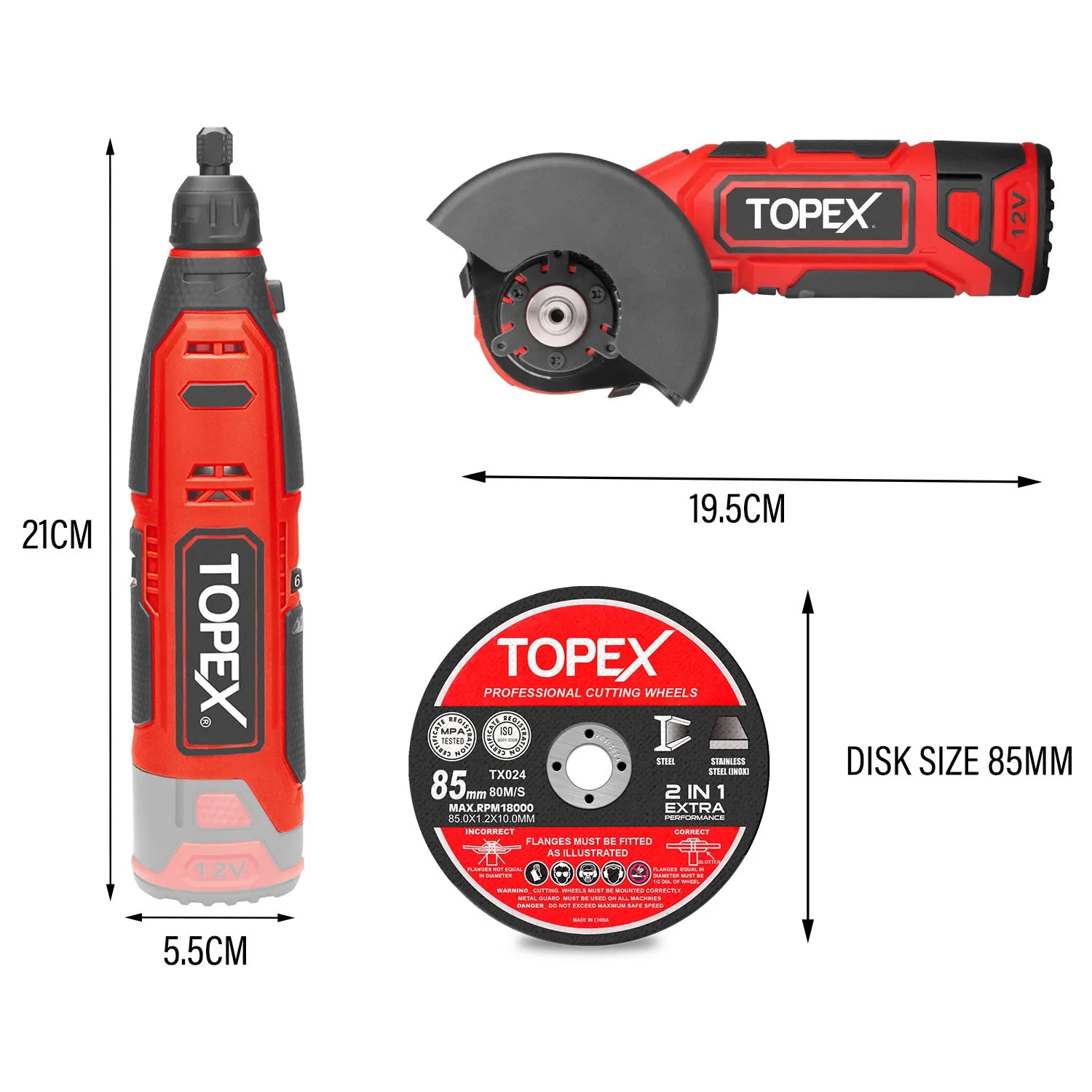 TOPEX 12V Cordless Rotary Tool Speed 5000-25000rpm With 12V Cordless Angle Grinder,12V 2.0Ah Lithium-Ion Battery&14.4V /0.4A charger