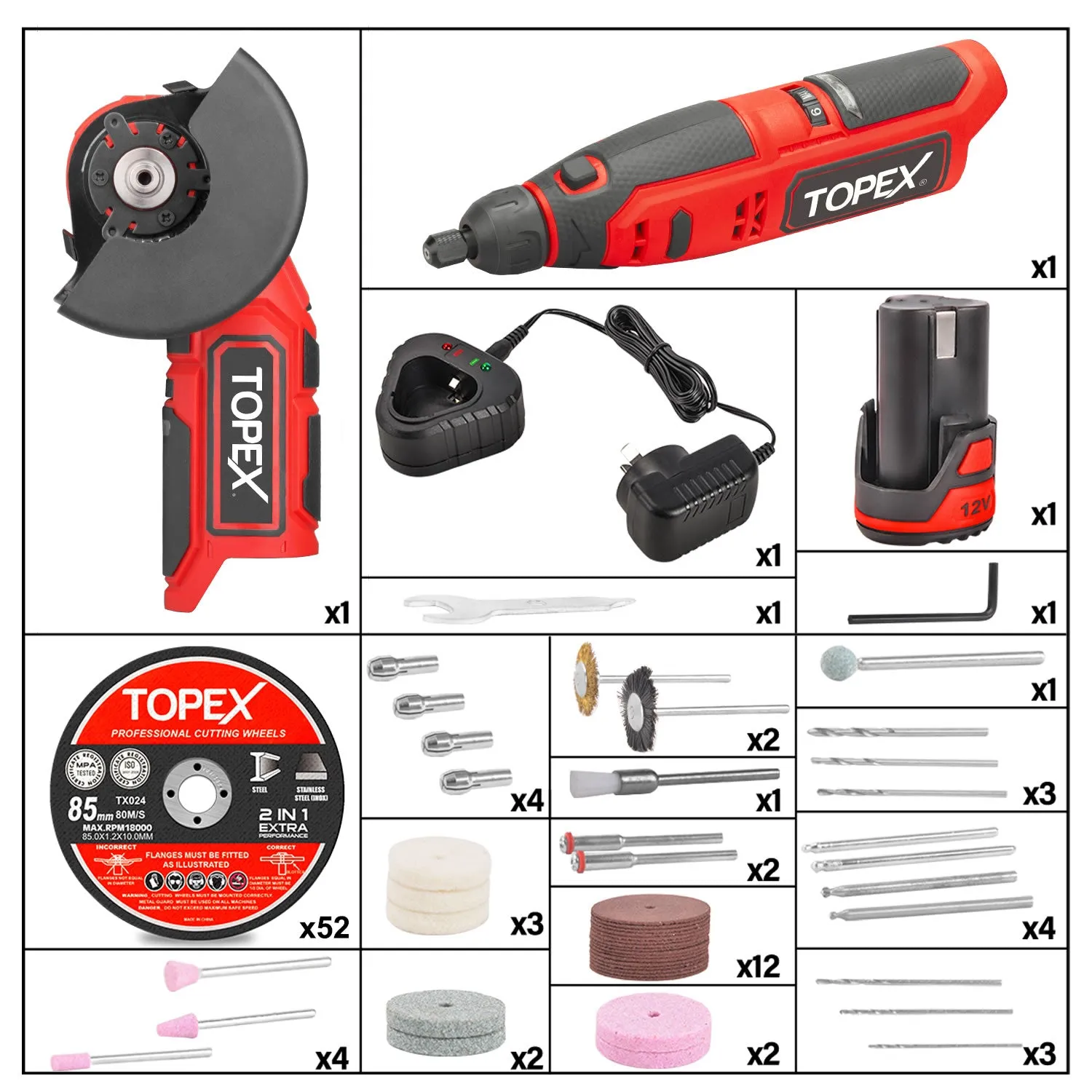 TOPEX 12V Cordless Rotary Tool Speed 5000-25000rpm With 12V Cordless Angle Grinder,12V 2.0Ah Lithium-Ion Battery&14.4V /0.4A charger