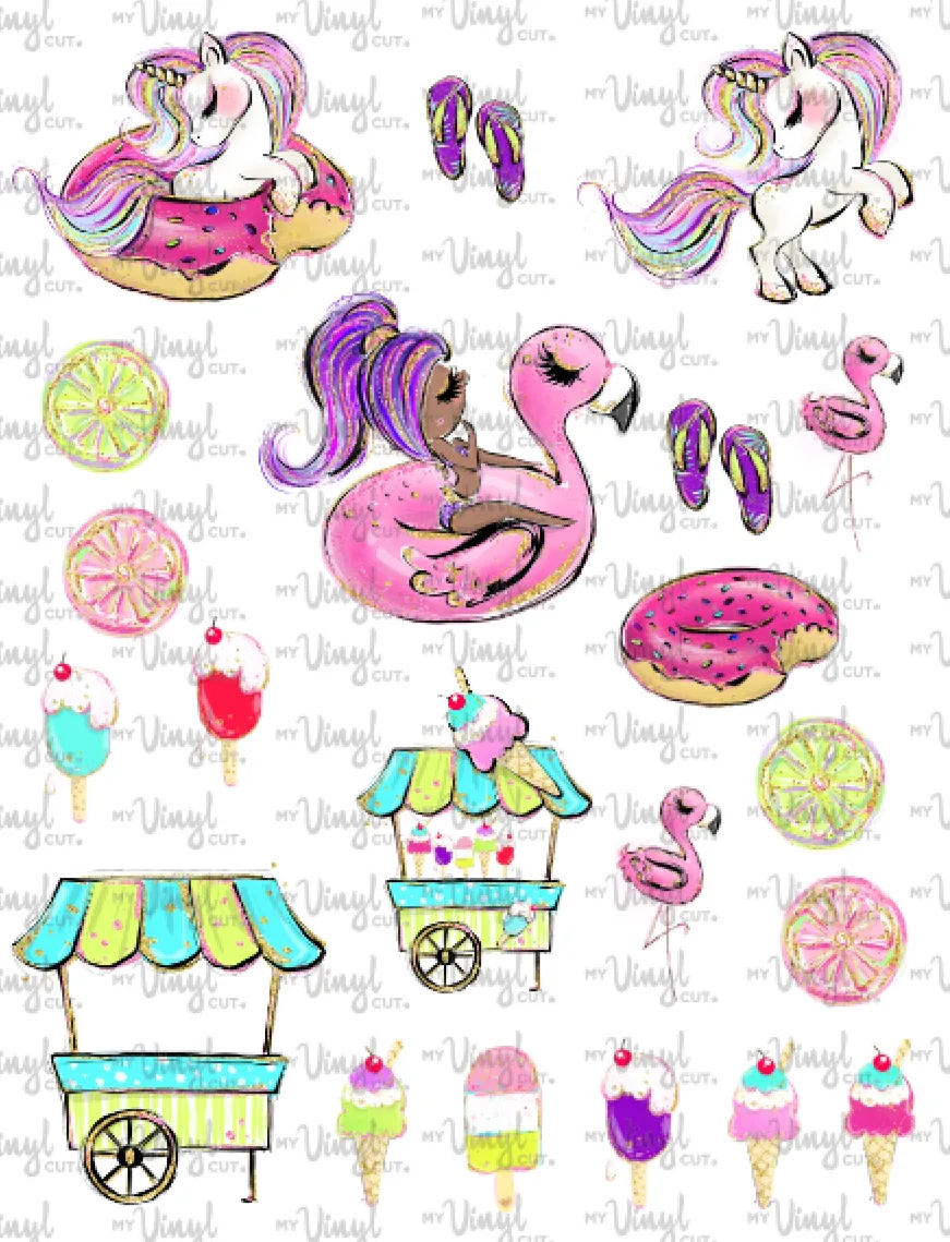 Waterslide Sheet of Decals dark skin purple hair POOL PARTY Theme