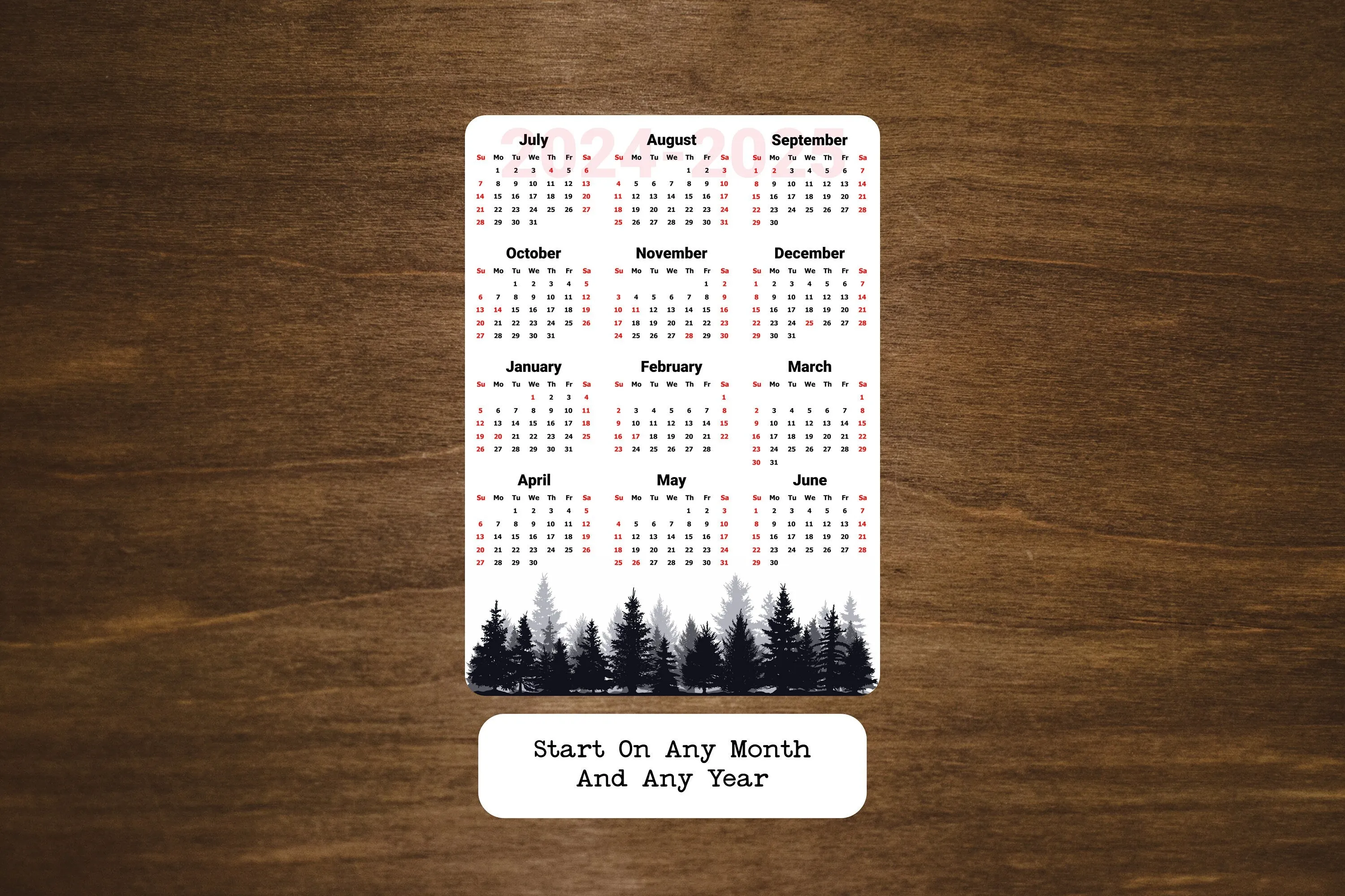 Year At A Glance Calendar Sticker - Pine Trees Design